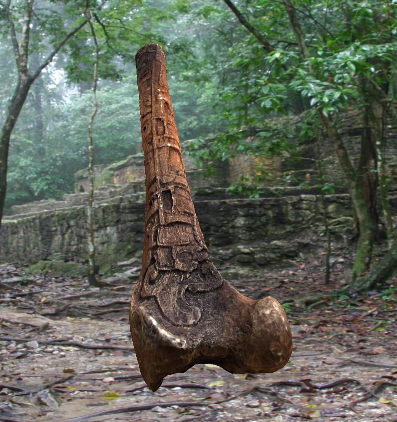 ancient Mayan carved monkey femur model
